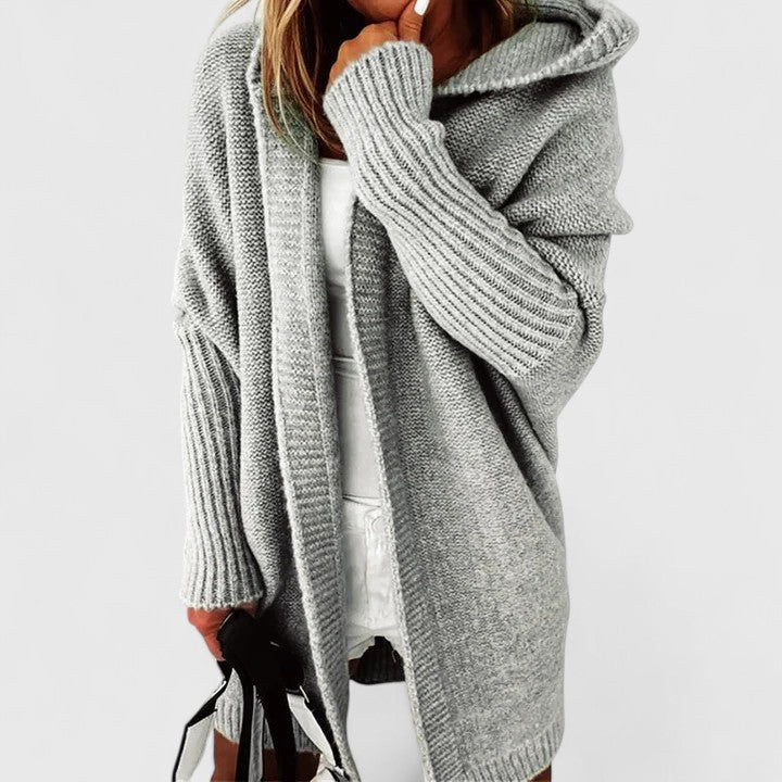 Damen Strickjacke Knielang mit Kapuze in Grau