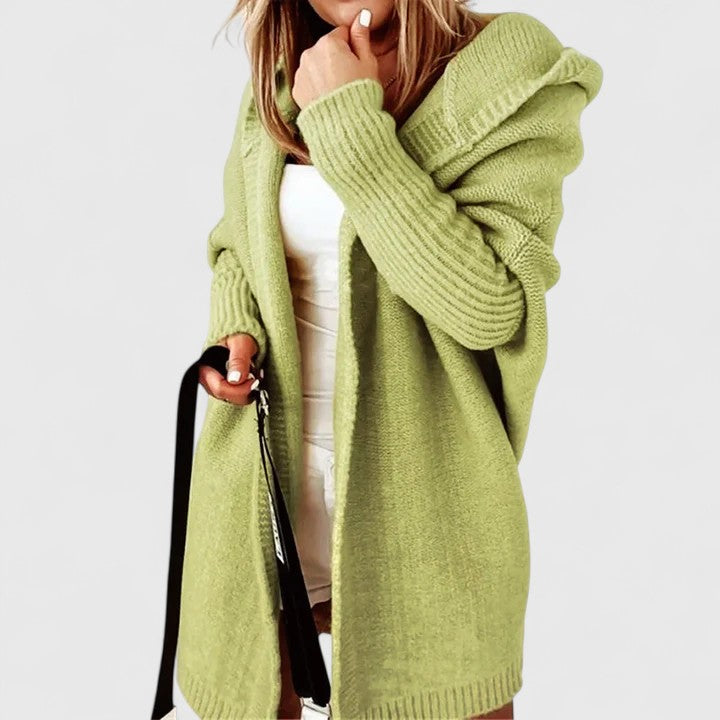 Damen Strickjacke Knielang mit Kapuze in Grün