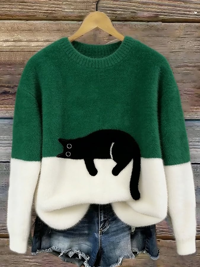 Damen Strickjacke kurz mit Katzendruck in Grün