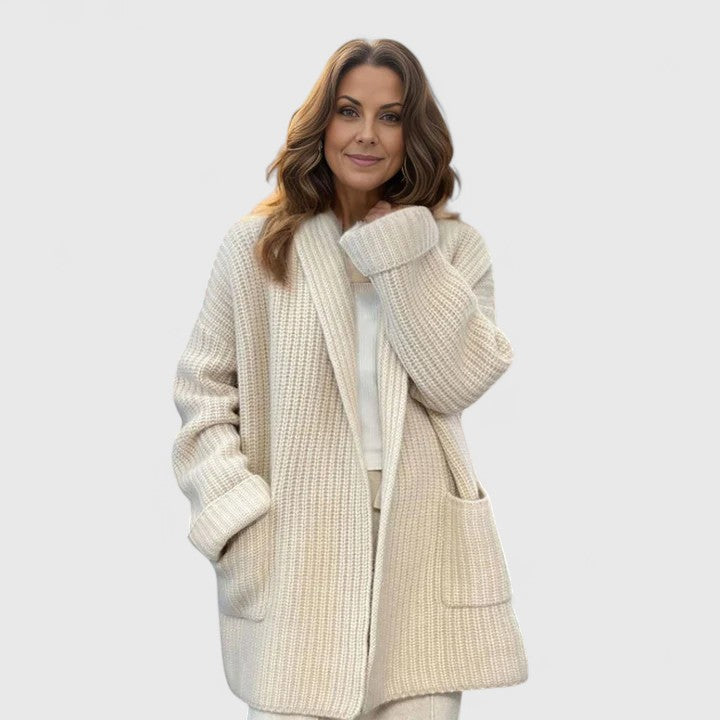 Damen Strickjacke Midilänge mit Rippenmuster für den Herbst (3)