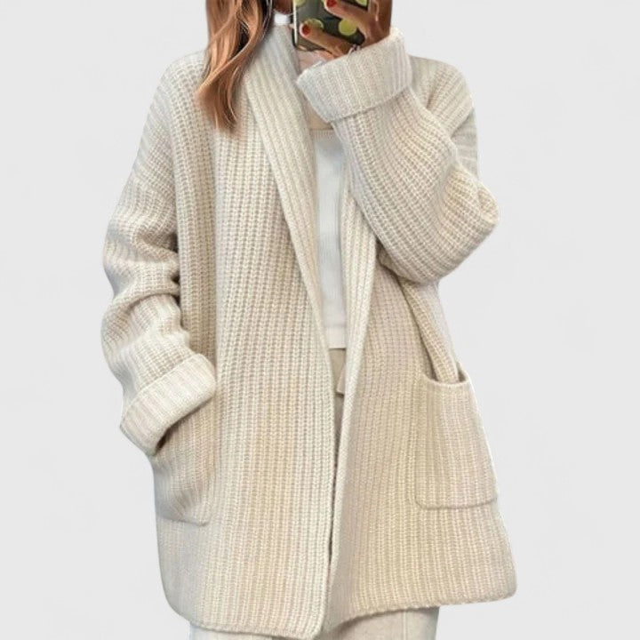 Damen Strickjacke Midilänge mit Rippenmuster für den Herbst (4)