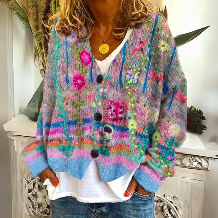 Damen Strickjacke mit Blüten-Stickerei und Struktur in Blau