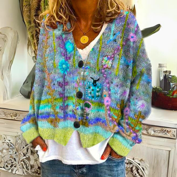 Damen Strickjacke mit Blüten-Stickerei und Struktur in Grün