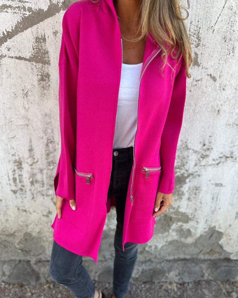 Damen Strickjacke mit Kapuze und langen Ärmeln in Dunkelrosa