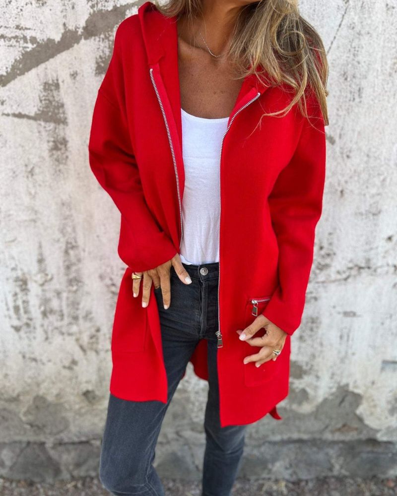Damen Strickjacke mit Kapuze und langen Ärmeln in Rot