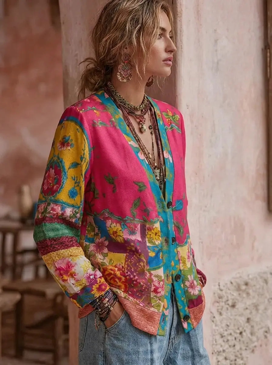 Damen Strickjacke mit Vintage-Boho und Patchwork-Design (2)