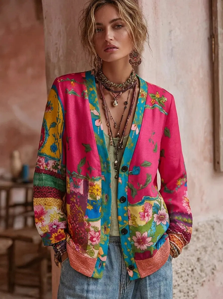 Damen Strickjacke mit Vintage-Boho und Patchwork-Design in Rosa