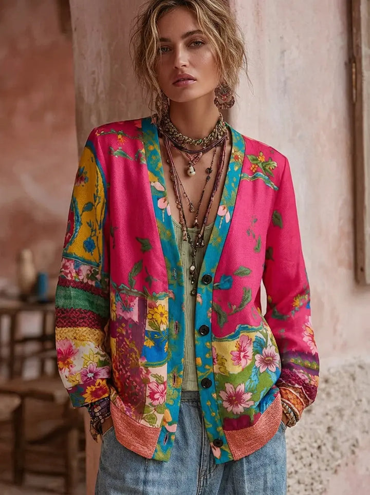 Damen Strickjacke mit Vintage-Boho und Patchwork-Design in Rosa