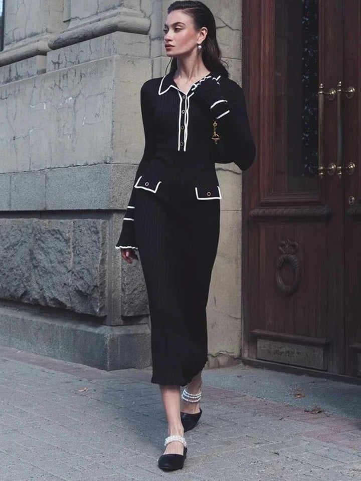 Damen Strickkleid im Vintage-Stil für Herbst in Schwarz-A