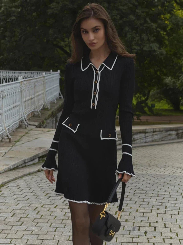 Damen Strickkleid im Vintage-Stil für Herbst in Schwarz-B