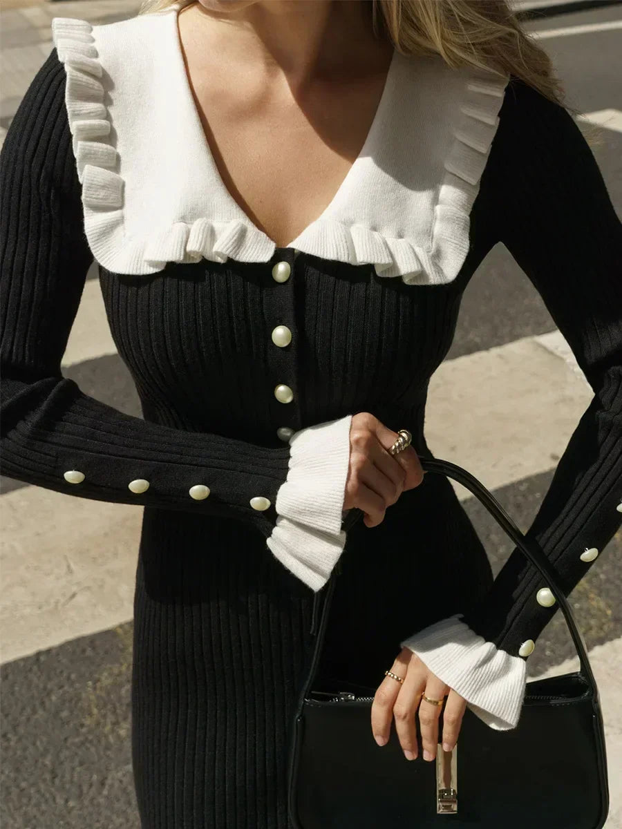 Damen Strickkleid im Vintage-Stil für Herbst in Schwarz-C