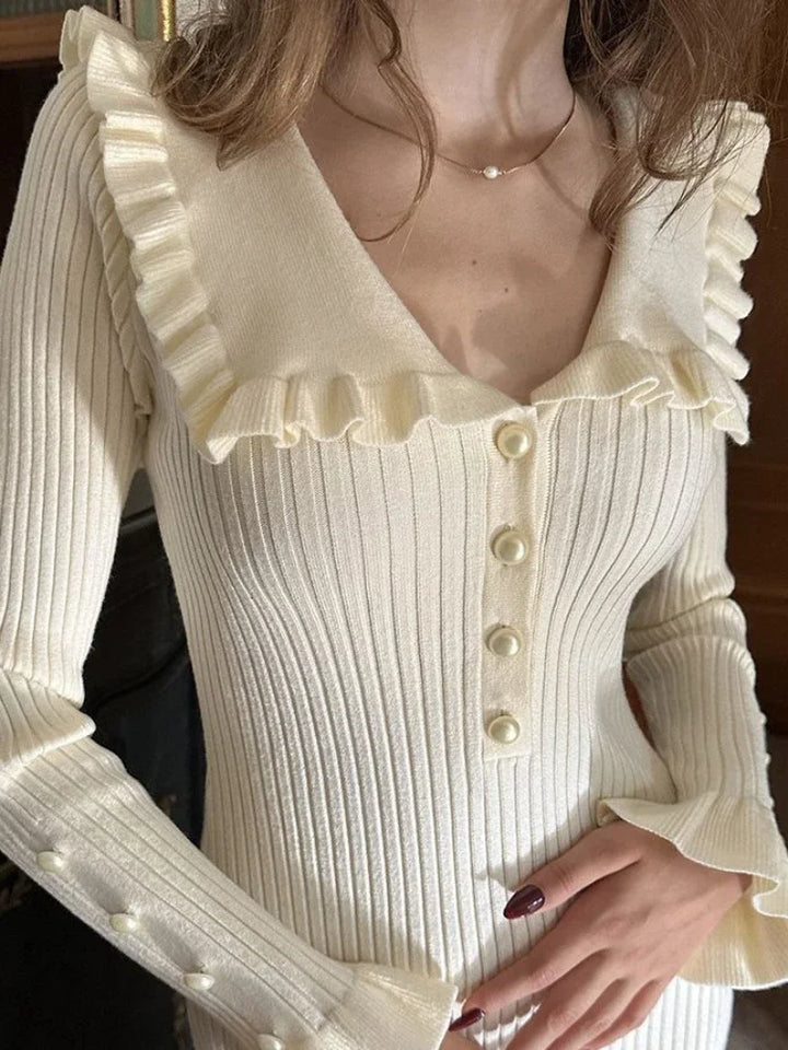 Damen Strickkleid im Vintage-Stil für Herbst in Weiß-C