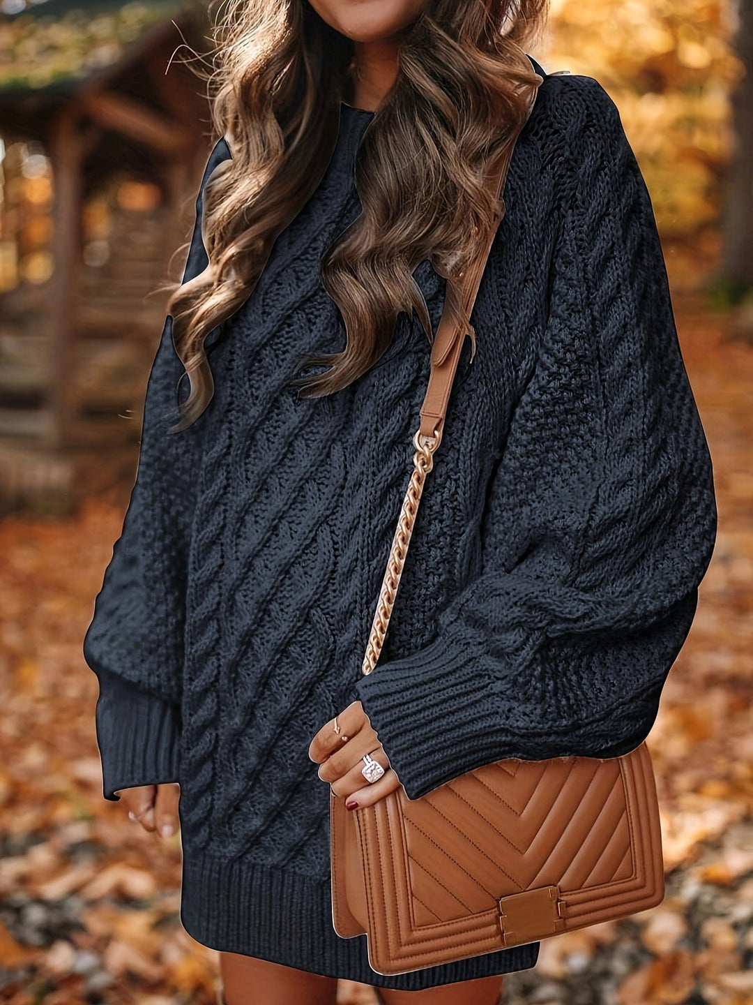 Damen Strickkleid Kabelstrick Oversize für Herbst in Schwarz 3