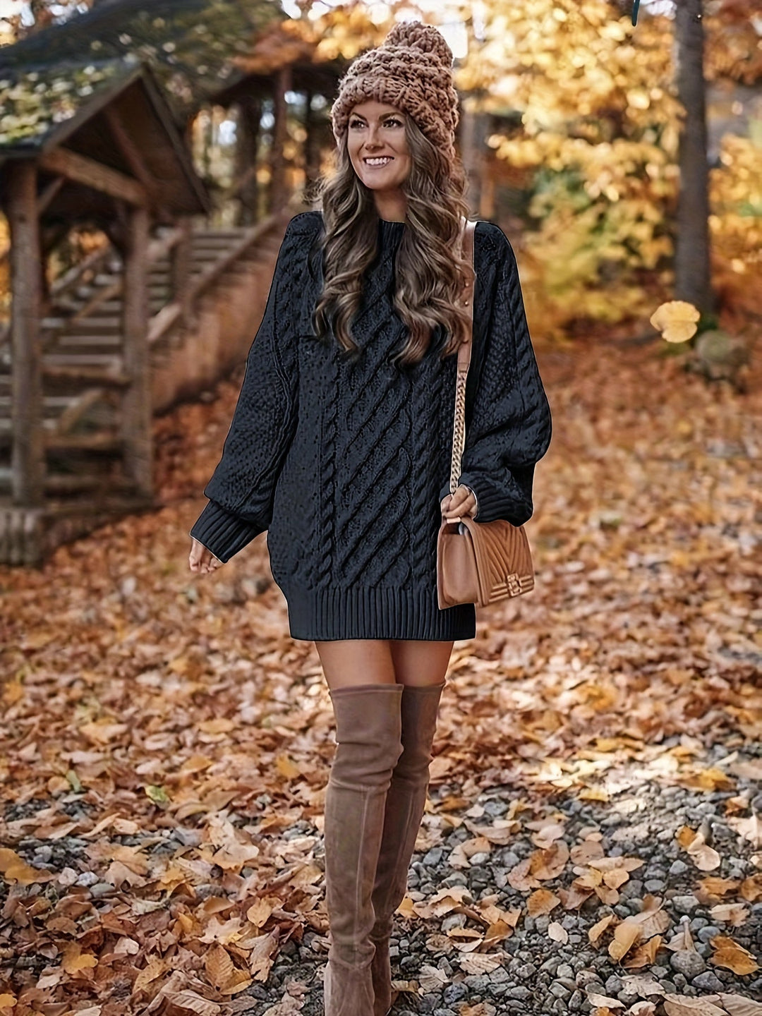 Damen Strickkleid Kabelstrick Oversize für Herbst in Schwarz 5
