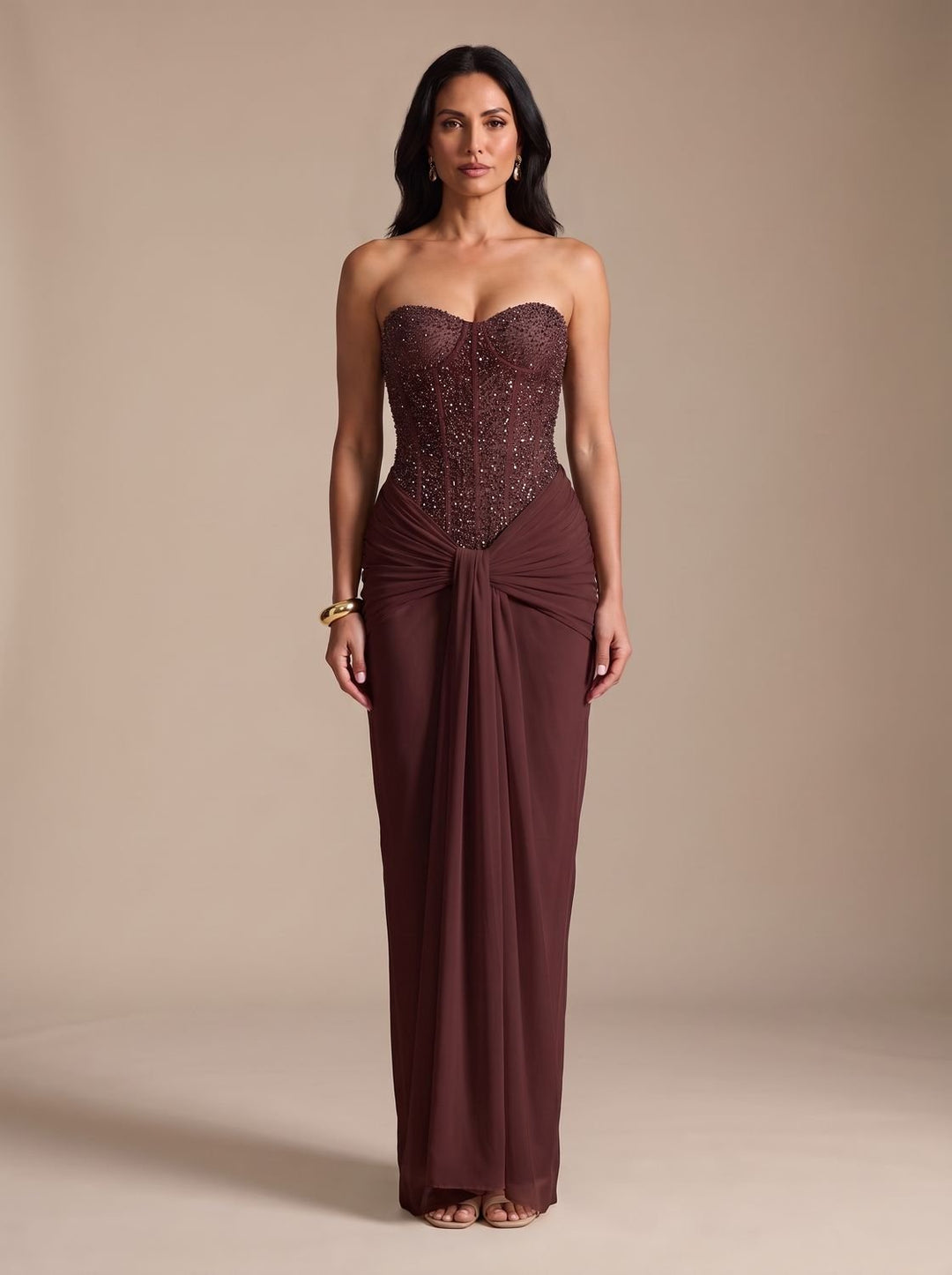 Damen Strickkleid Maxi für festliche Anlässe in Dunkelbraun