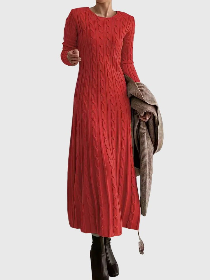 Damen Strickkleid Maxi im klassischen Zopfmuster in Rot