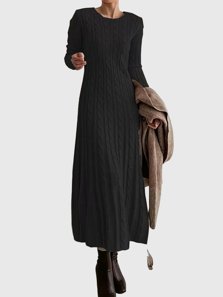 Damen Strickkleid Maxi im klassischen Zopfmuster in Schwarz