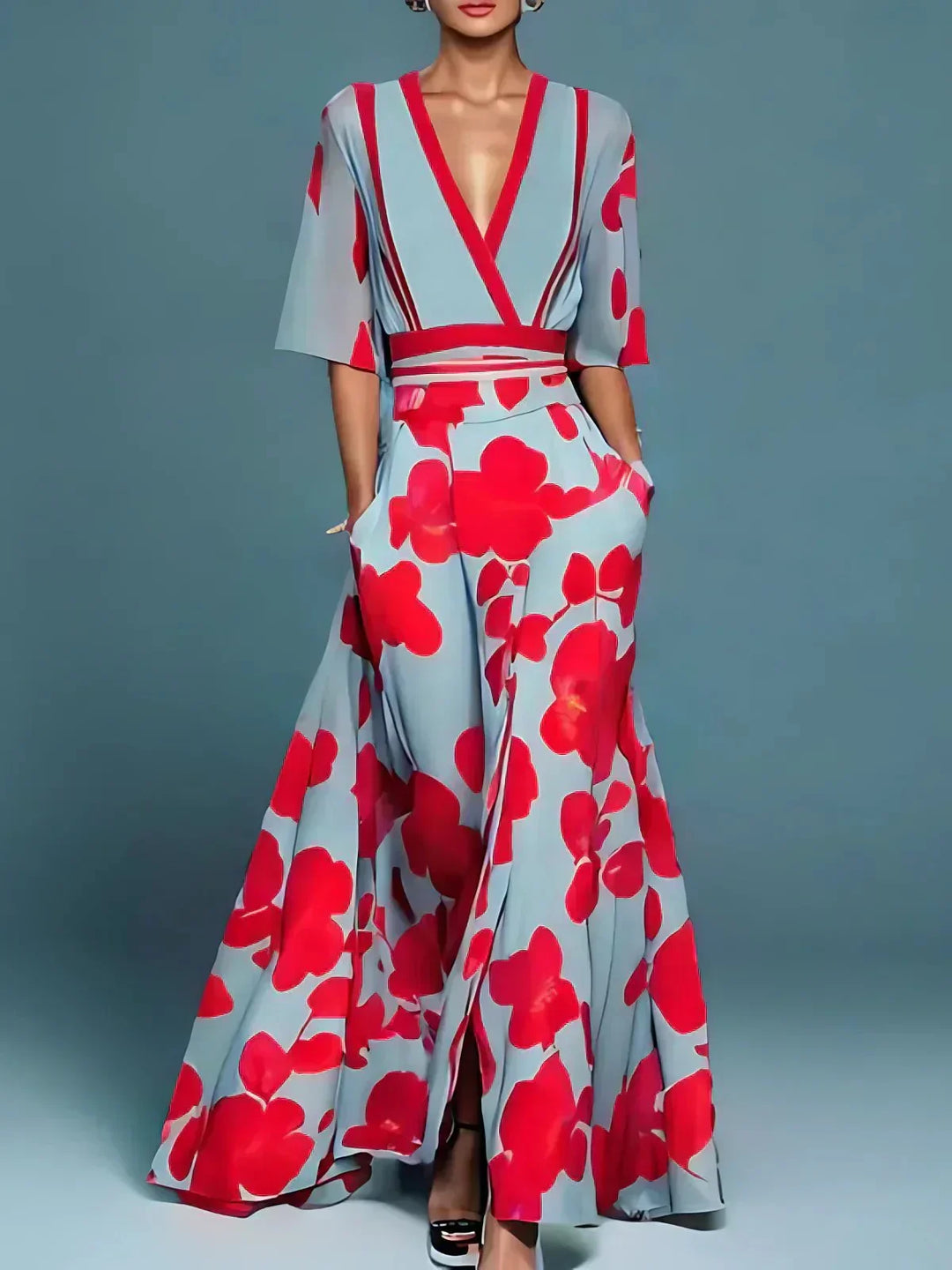 Damen Strickkleid Maxi mit Blumenmuster in Rot