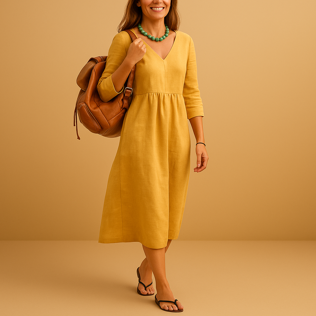 Damen Strickkleid Midi mit hohem Bund in Gelb