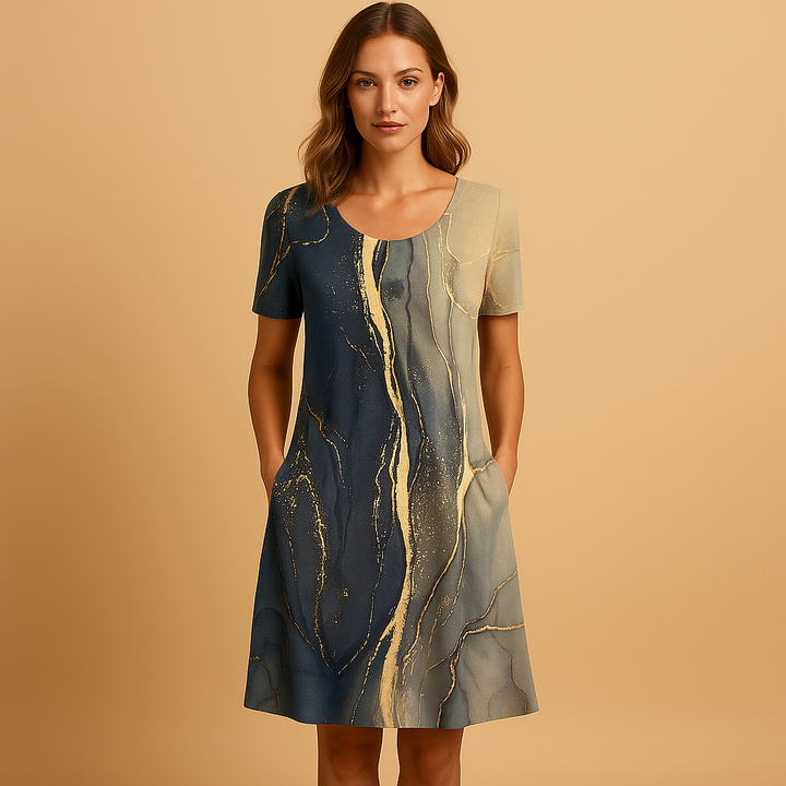 Damen Strickkleid Midi mit Print in Blau