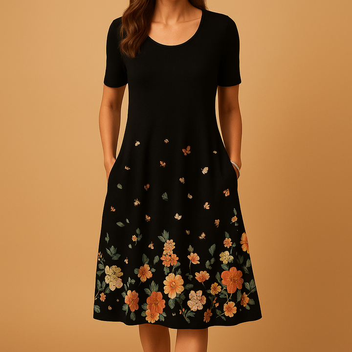 Damen Strickkleid Midi mit Print in Schwarz