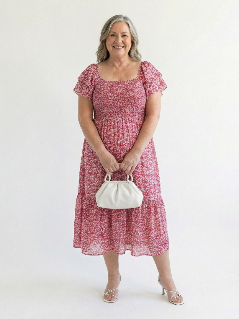 Damen Strickkleid Midi schulterfrei mit Volants (4)