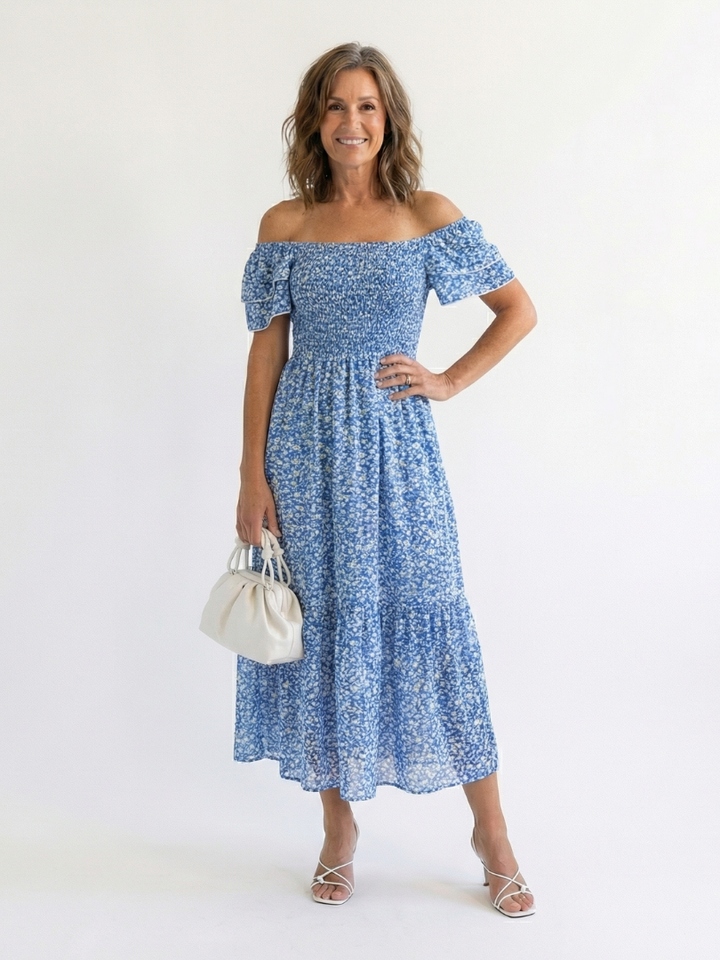 Damen Strickkleid Midi schulterfrei mit Volants in Blau