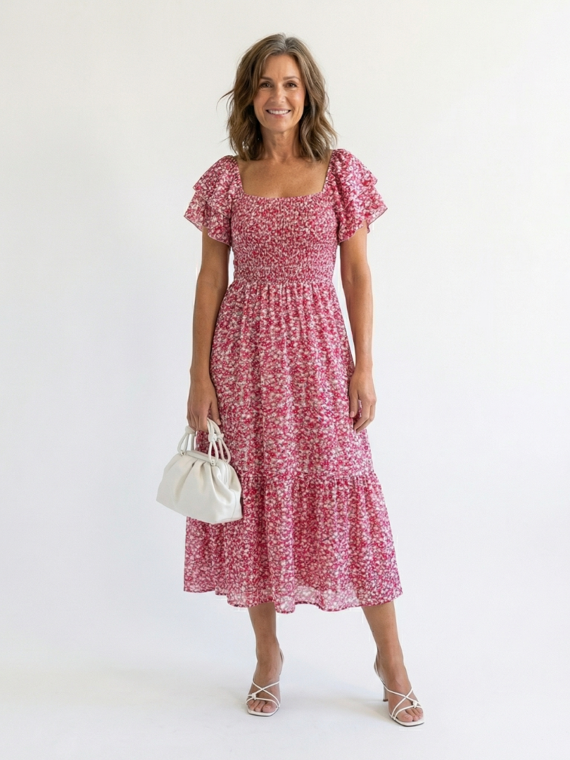 Damen Strickkleid Midi schulterfrei mit Volants in Rot