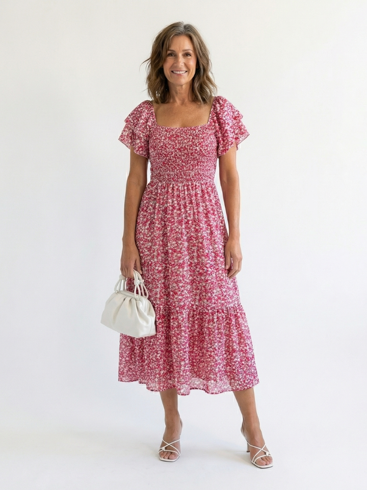 Damen Strickkleid Midi schulterfrei mit Volants in Rot
