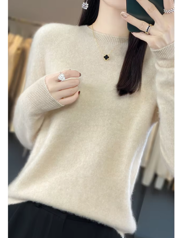 Damen Strickpullover Langarm mit Rundhalsausschnitt in Beige