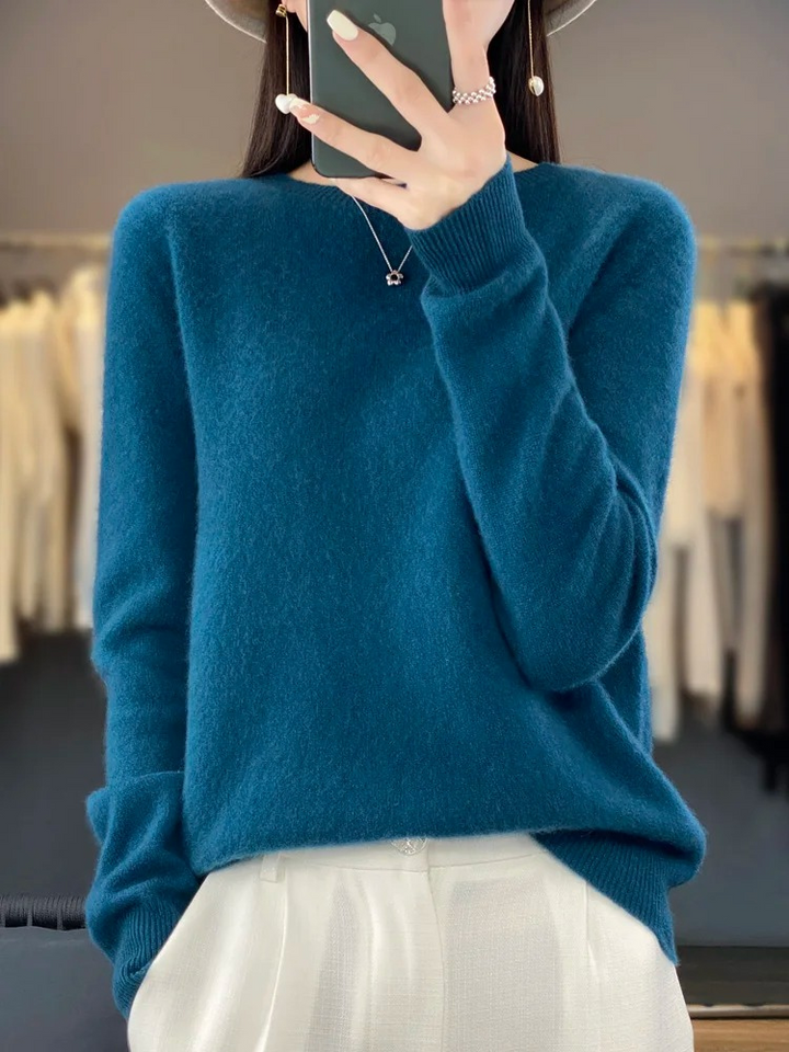 Damen Strickpullover Langarm mit Rundhalsausschnitt in Dunkelblau