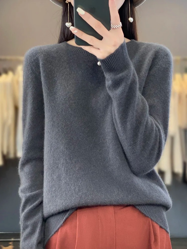 Damen Strickpullover Langarm mit Rundhalsausschnitt in Grau