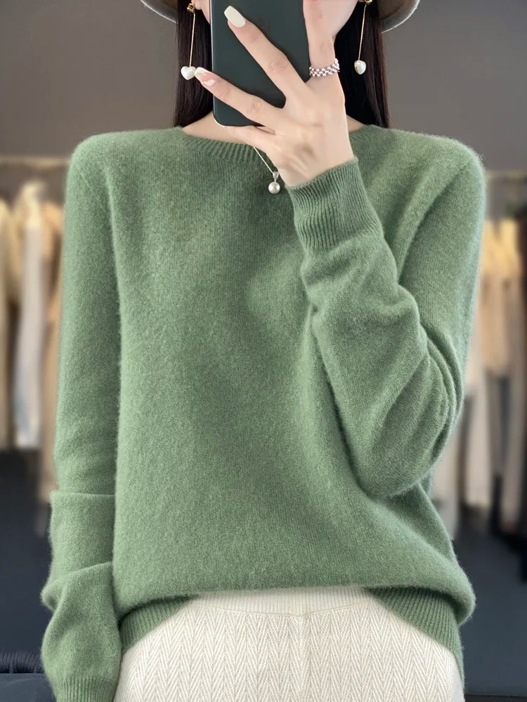 Damen Strickpullover Langarm mit Rundhalsausschnitt in Hellgrün
