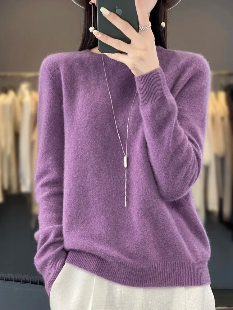 Damen Strickpullover Langarm mit Rundhalsausschnitt in Hellviolett