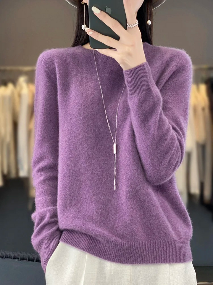Damen Strickpullover Langarm mit Rundhalsausschnitt in Hellviolett