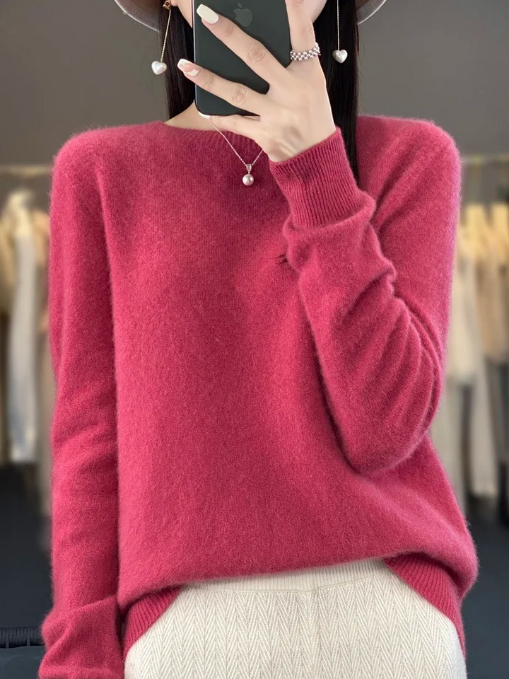 Damen Strickpullover Langarm mit Rundhalsausschnitt in Rosa