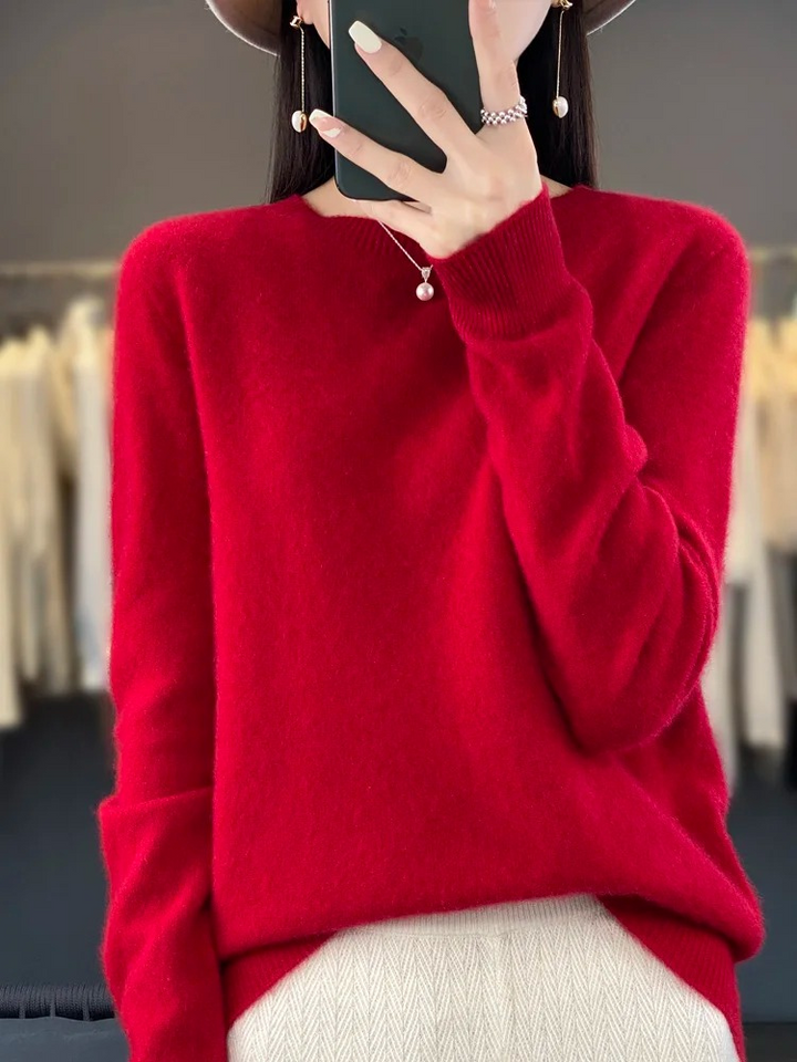 Damen Strickpullover Langarm mit Rundhalsausschnitt in Rot