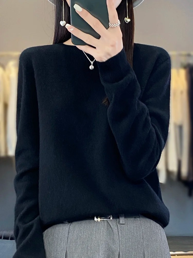 Damen Strickpullover Langarm mit Rundhalsausschnitt in Schwarz
