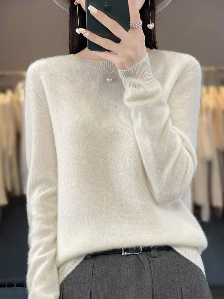 Damen Strickpullover Langarm mit Rundhalsausschnitt in Weiß
