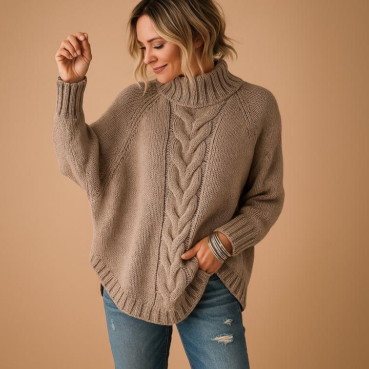 Damen Strickpullover Longline mit Rollkragen in Braun