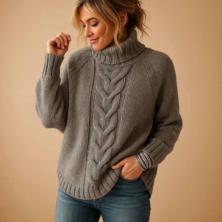 Damen Strickpullover Longline mit Rollkragen in Grau