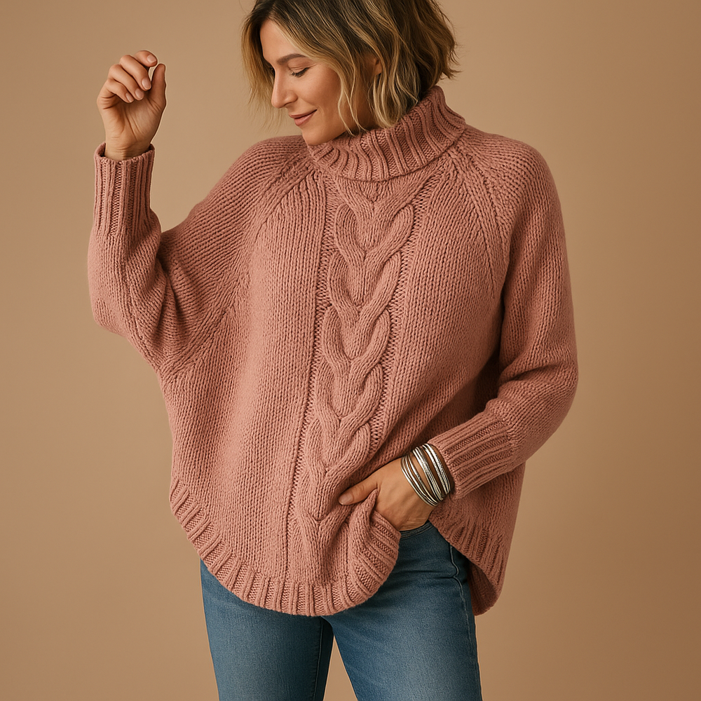 Damen Strickpullover Longline mit Rollkragen in Rosa
