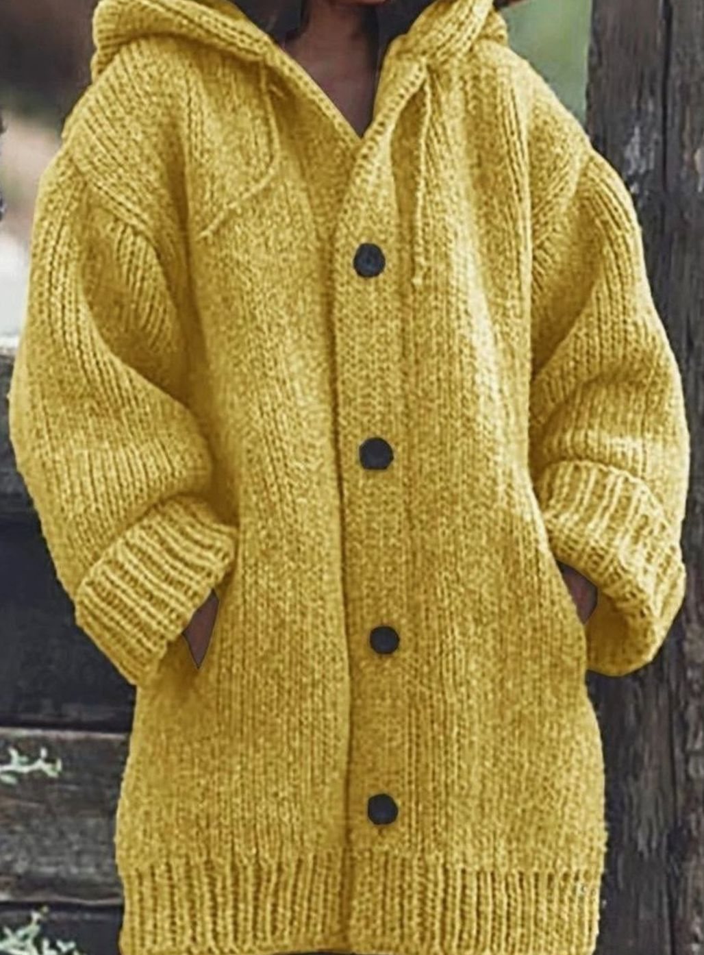 Damen Strickpullover Oversized mit Kapuze in Gelb