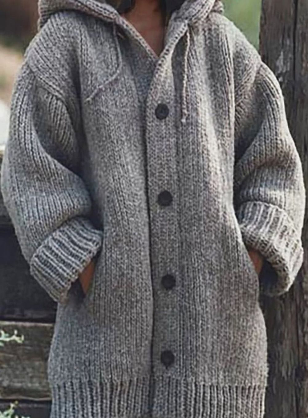 Damen Strickpullover Oversized mit Kapuze in Grau
