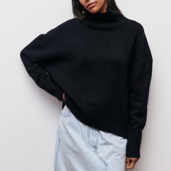 Damen Strickpullover Rollkragen für Herbst in Schwarz