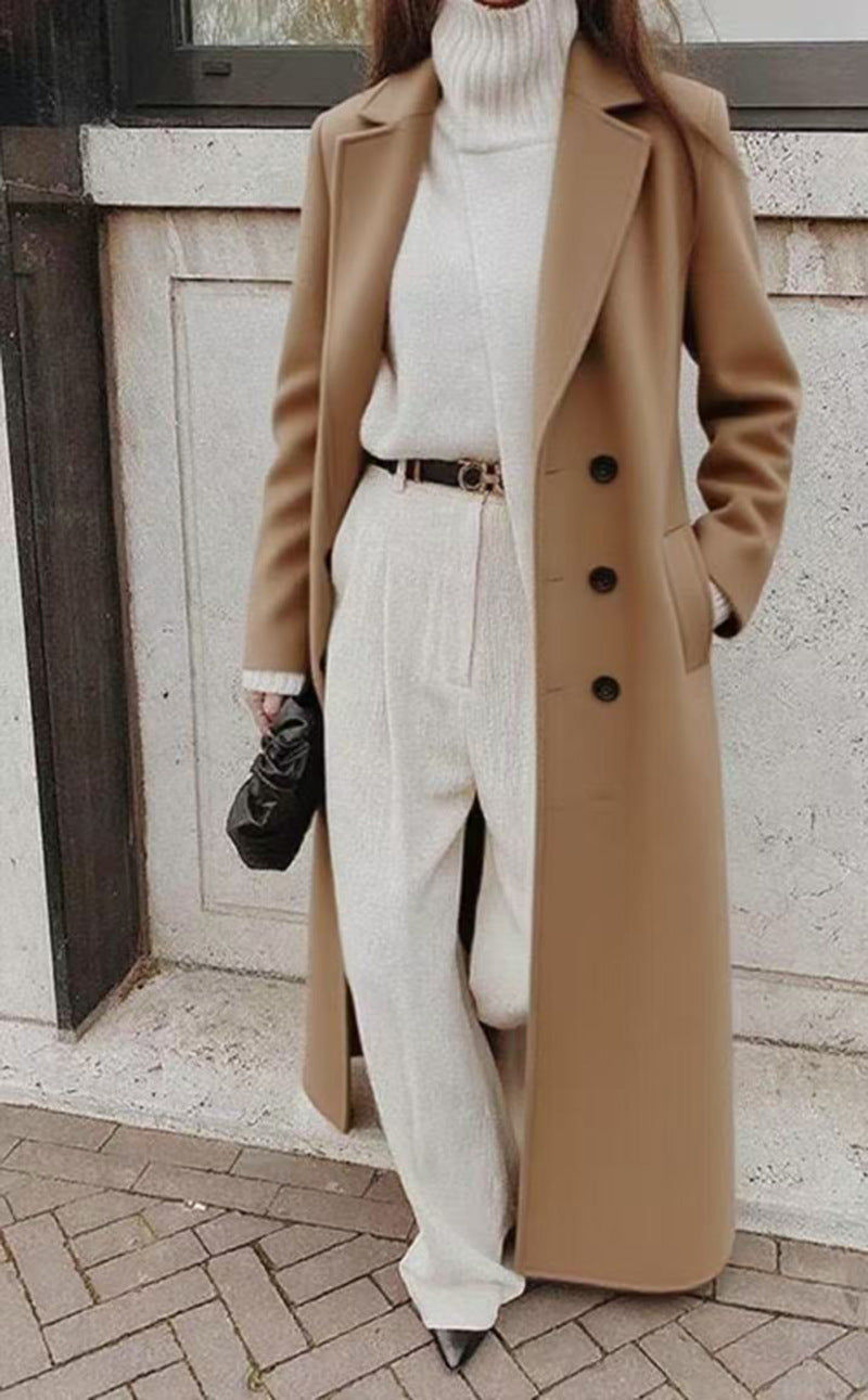 Damen Taillierter Longline-Mantel mit Langarm in Khaki