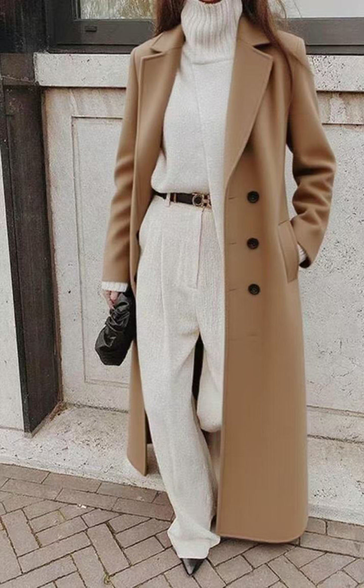 Damen Taillierter Longline-Mantel mit Langarm in Khaki
