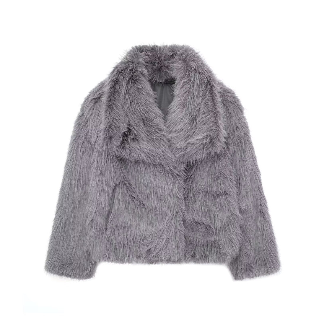 Damen Teddy Jacke aus Kunstfell zum Layering in Dunkelgrau