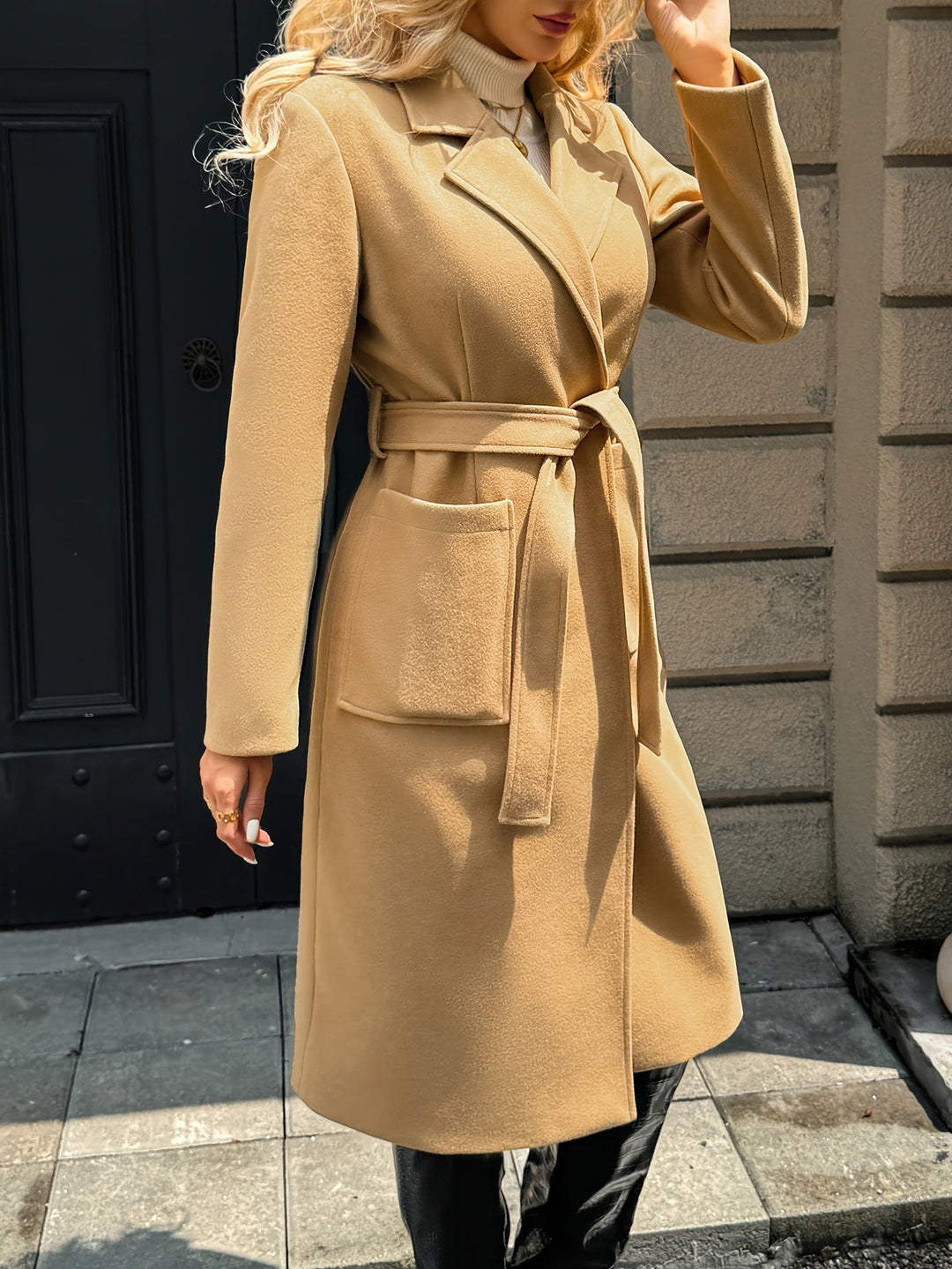 Damen Trenchcoat lang klassisch für Herbst in Hellbraun 4