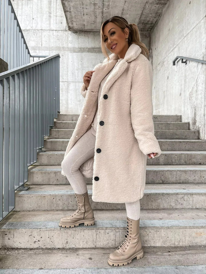 Damen Warmer Trenchcoat Plüsch für Herbst in Creme